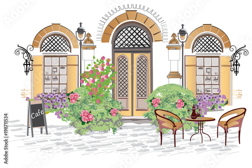 Series of backgrounds decorated with flowers, old town views and street cafes.    Hand drawn vector architectural background with historic buildings. 