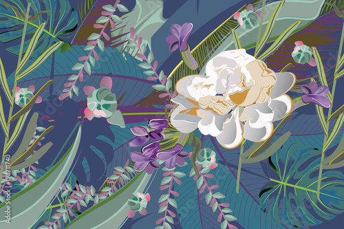 Fototapeta Naklejka Na Ścianę i Meble -  Series of greeting backgrounds with summer and spring flowers. Floral decorations with peonies, roses and dahlias. Vector illustration. 