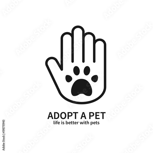 Adopt a Pet. Hand with Paw Line Icon. Volunteer Help Care Protection Support Theme. Pet Adoption Sign and Symbol.