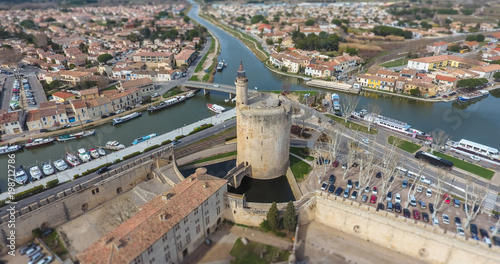 Aerial view of the main tower of the fortress that surrounds the ancient medieval city of Aigues-Mortes. France.