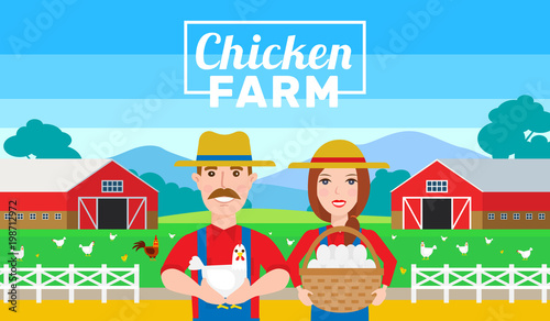chicken farm horizontal banner .farmers man and woman holding egg and hen