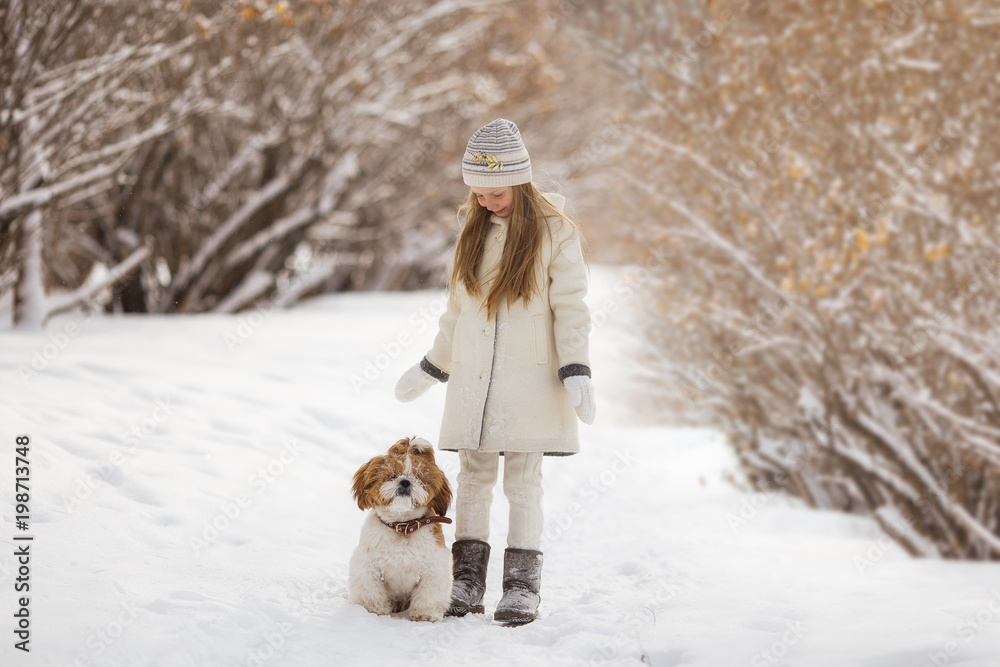 beautiful little girl with her dog on the snow in winter beautiful little girl with her dog on the snow in winter