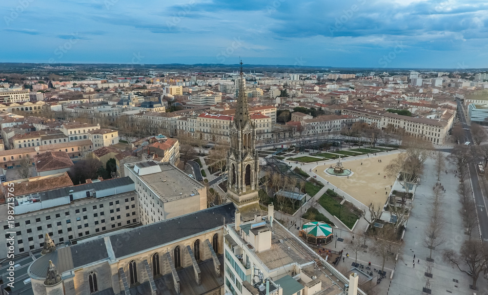 Panorama of the Central square of the French city of Nimes