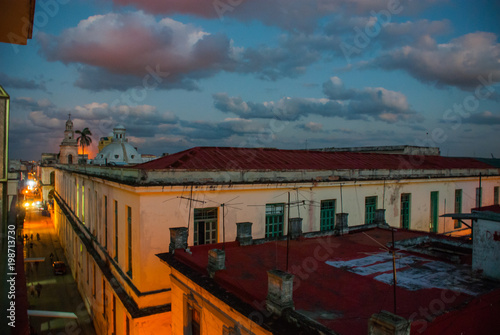 Night landscape. Top view of the street and the Cathedral. Havana. Cuba photo