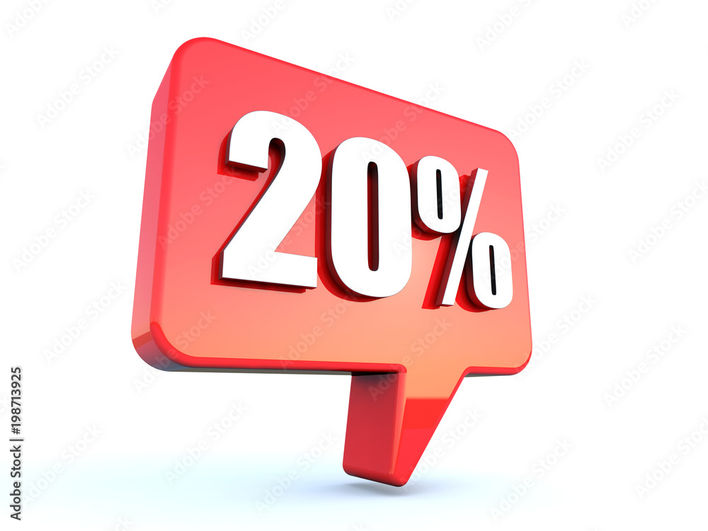20 percent off sign on glossy red rectangle bubble on white background 20 percent off sign on glossy red rectangle bubble on white background