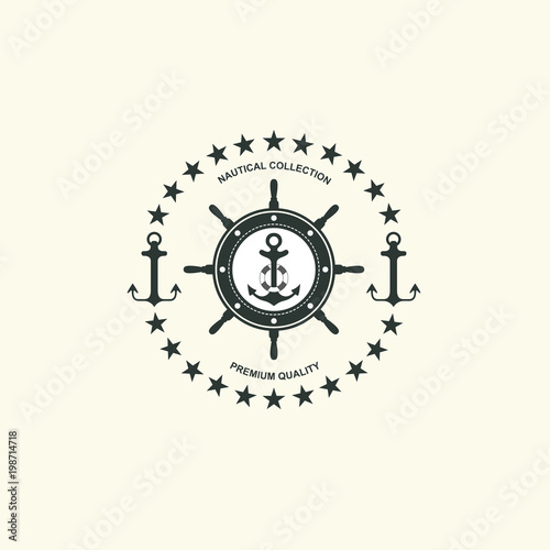 Sea and nautical typography badge and design element. Template for company icon or web decoration. Marine cruise, beach resort, shipbuilding Anchor, steering wheel. Vector collection. Logo
