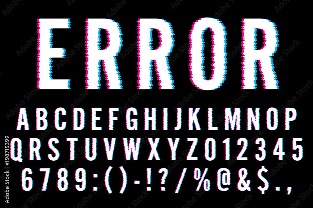 Trendy Distorted Glitch Font Typeface Letters, Numbers and Symbols Vector Illustration