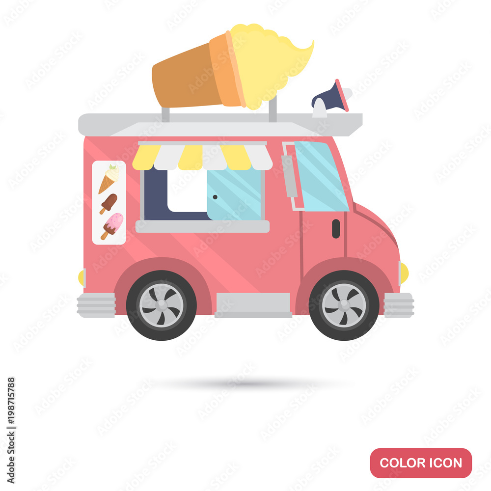 Fototapeta premium Mobile van with ice cream color flat icon