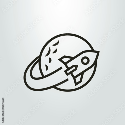 black and white simple linear icon of a space rocket flying around the planet