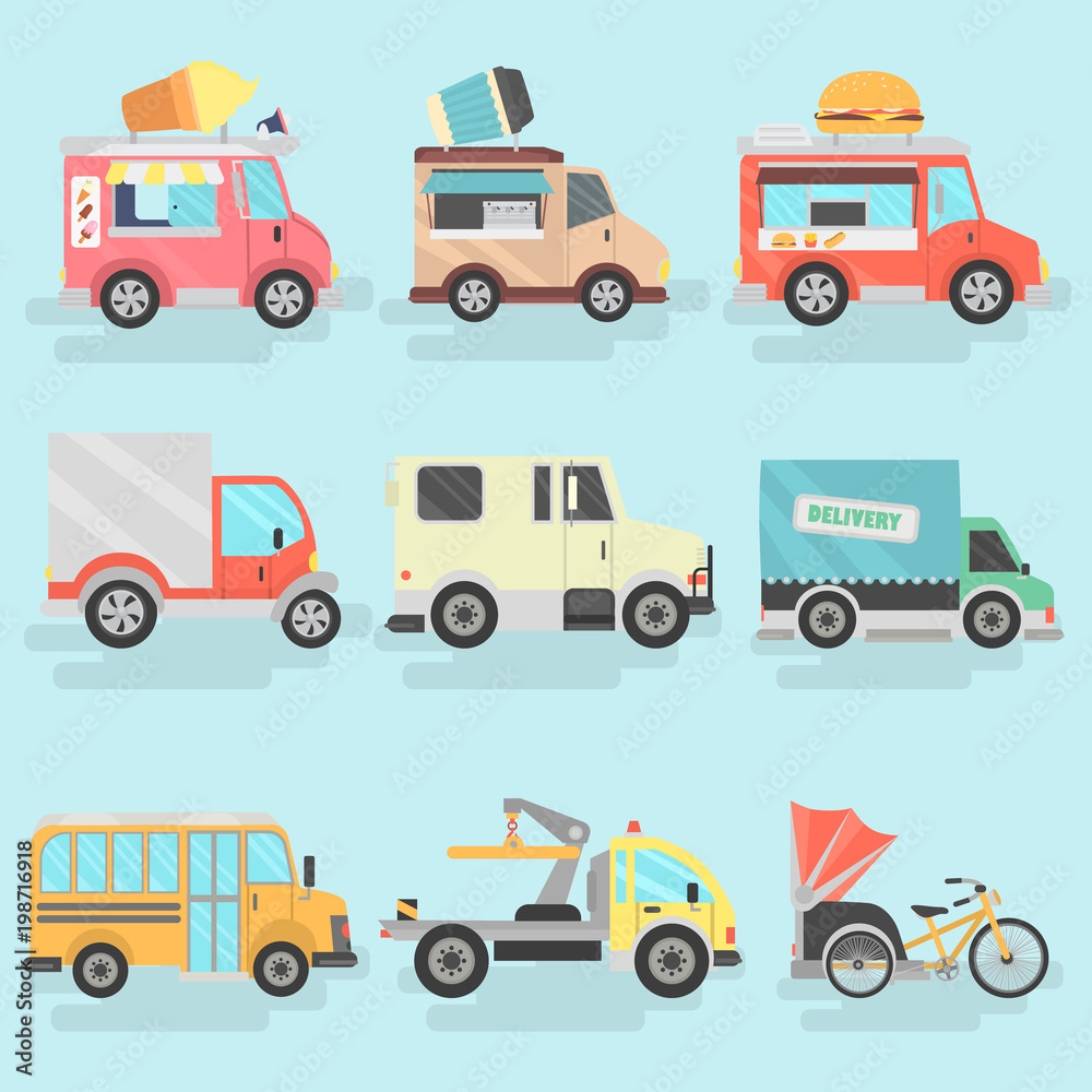 Urban transport units color flat icons set