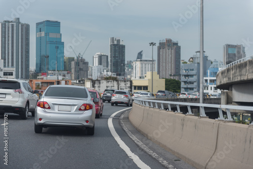 traffic jam with row of cars on toll way