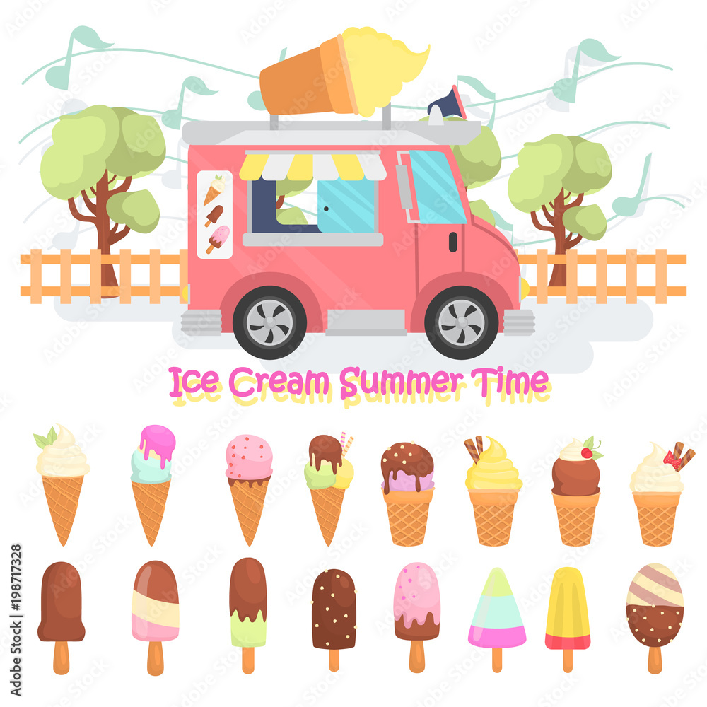 Different tastes ice cream color flat icons set. Ice cream mobile van on street illustration