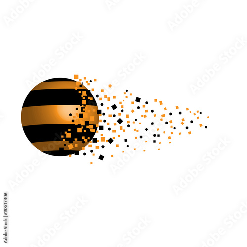 vector de una esfera en 3d como ilustración con rayas negras y doradas y un efecto de dispersión como si se rompiese la esfera y se difuminase en el espacio para de ella photo