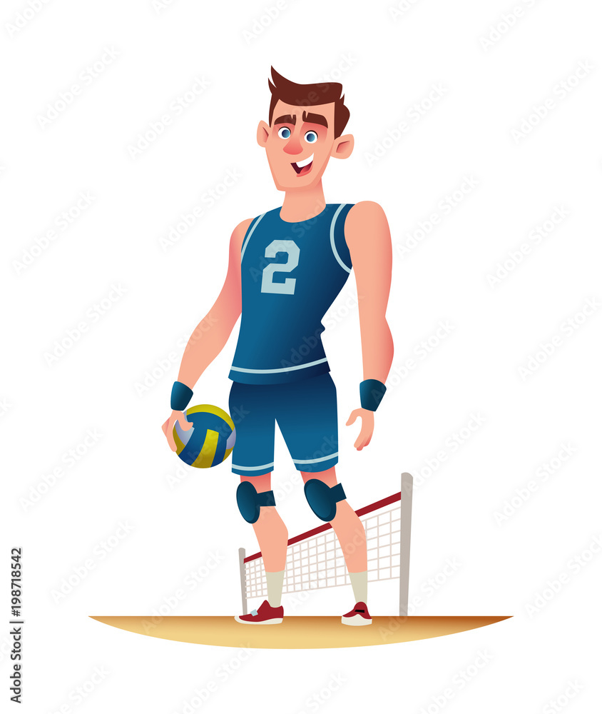 Young volleyball player standing on the volleyball playground. Funny cartoon  character design. Vector illustration. Stock Vector | Adobe Stock