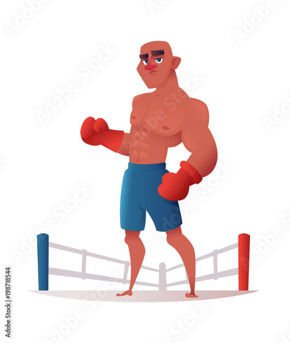Serious strong and formidable standing on the boxing ring. Cartoon vector character design.