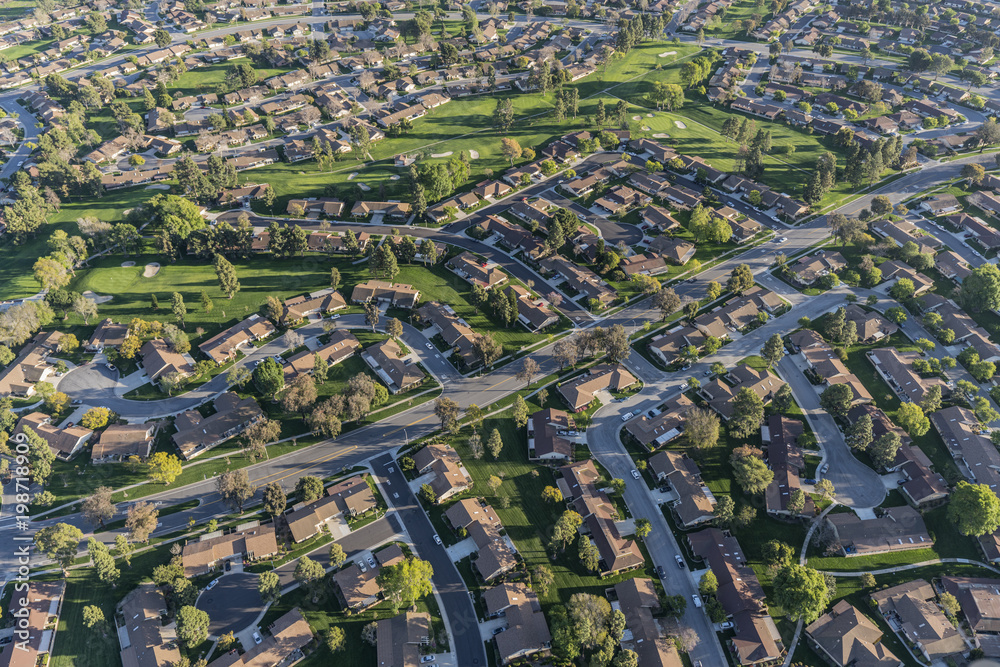 Aerial view of homes and adjacent golf course in suburban Camarillo California.  