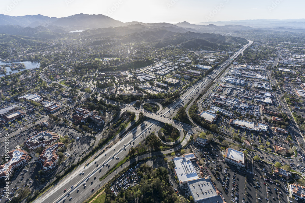 Aerial view of 101 freeway at Weslake Blvd in suburban Thousand Oaks, California.  