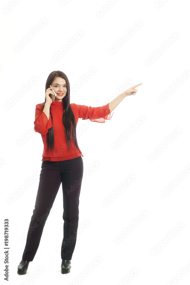 happy woman in red talking on mobile phone and showing gestures by hand. isolated on white background happy woman in red talking on mobile phone and showing gestures by hand. isolated on white background
