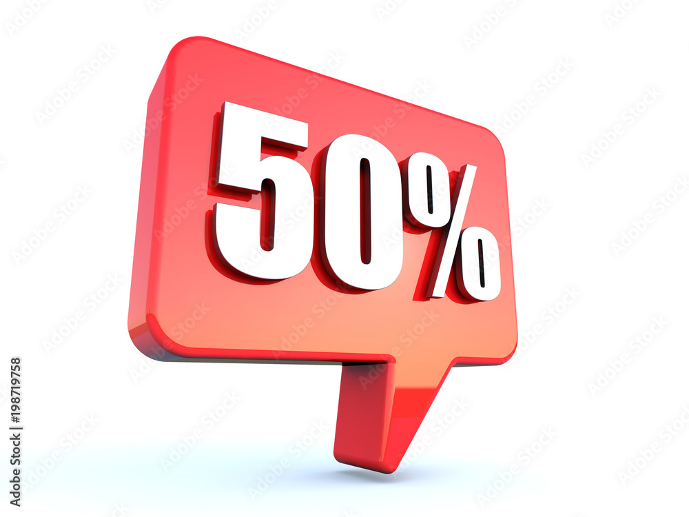 50 percent off sign on glossy red rectangle bubble on white background 50 percent off sign on glossy red rectangle bubble on white background