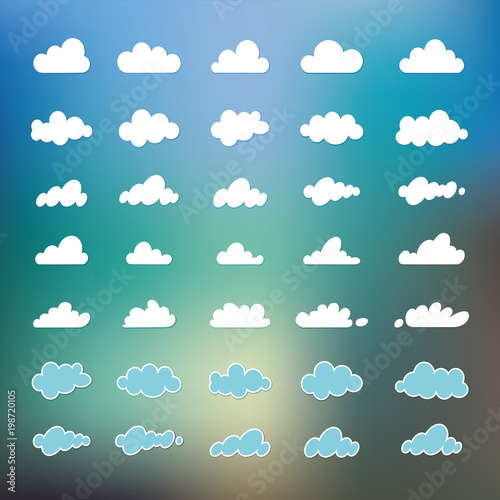 Set of cartoon variety of clouds isolated on blue sky background, Cloudscape. A collection of vector icons, illustrations, drawings. Web design