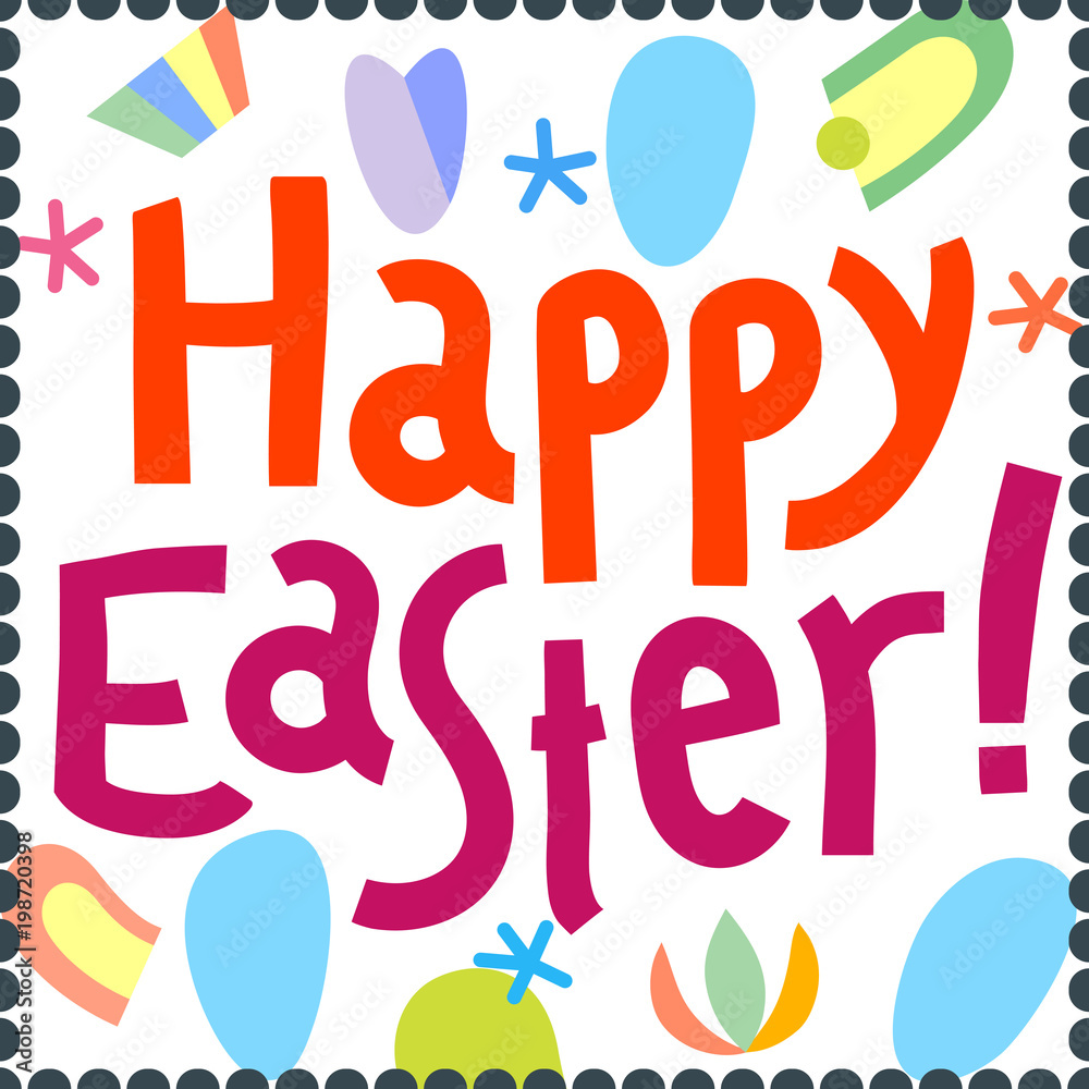 Happy Easter greeting card design template. Happy Easter headline hand lettering. Abstract pattern eggs and flowers