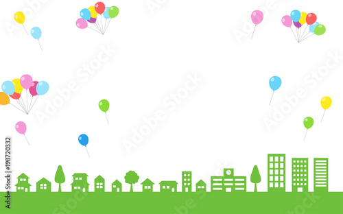 街並みとカラフルな風船 背景素材 Stock Vector Adobe Stock