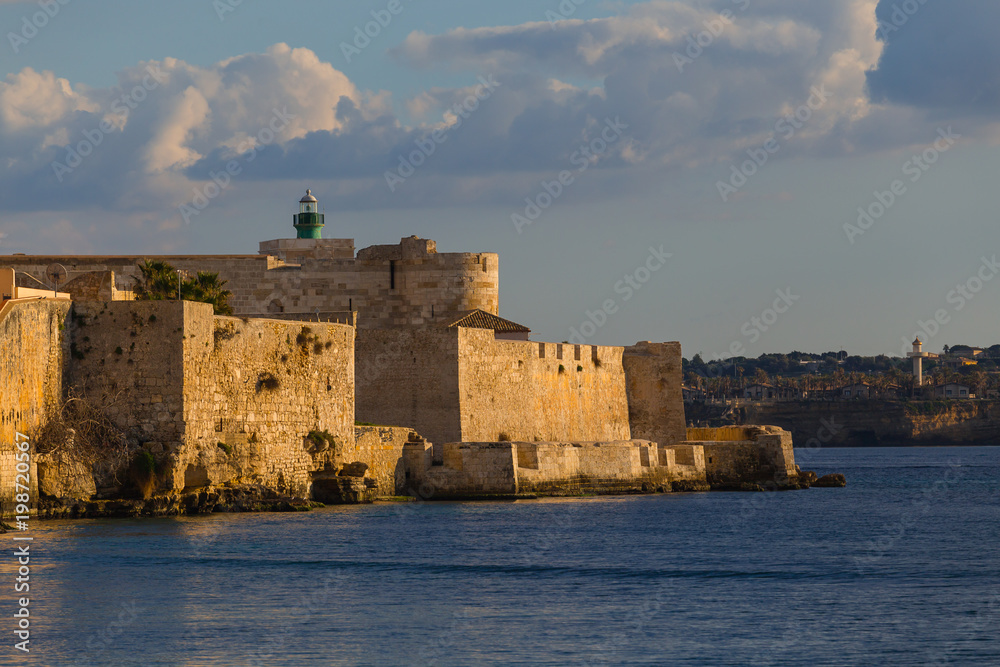 Maniace Castle at sunset (Castello Maniacea) in Syracuse, Sicily, Italy