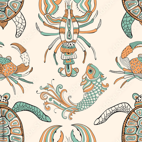 Vector seamless pattern with turtles, crabs, lobsters, and fishes