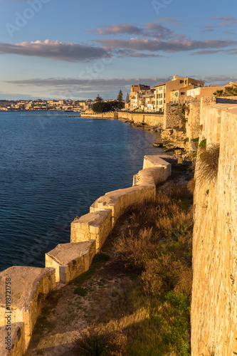 View of the seaside promenade from the Maniace Castle on the Island of Otrygia, Syracuse, Sicily, Italy