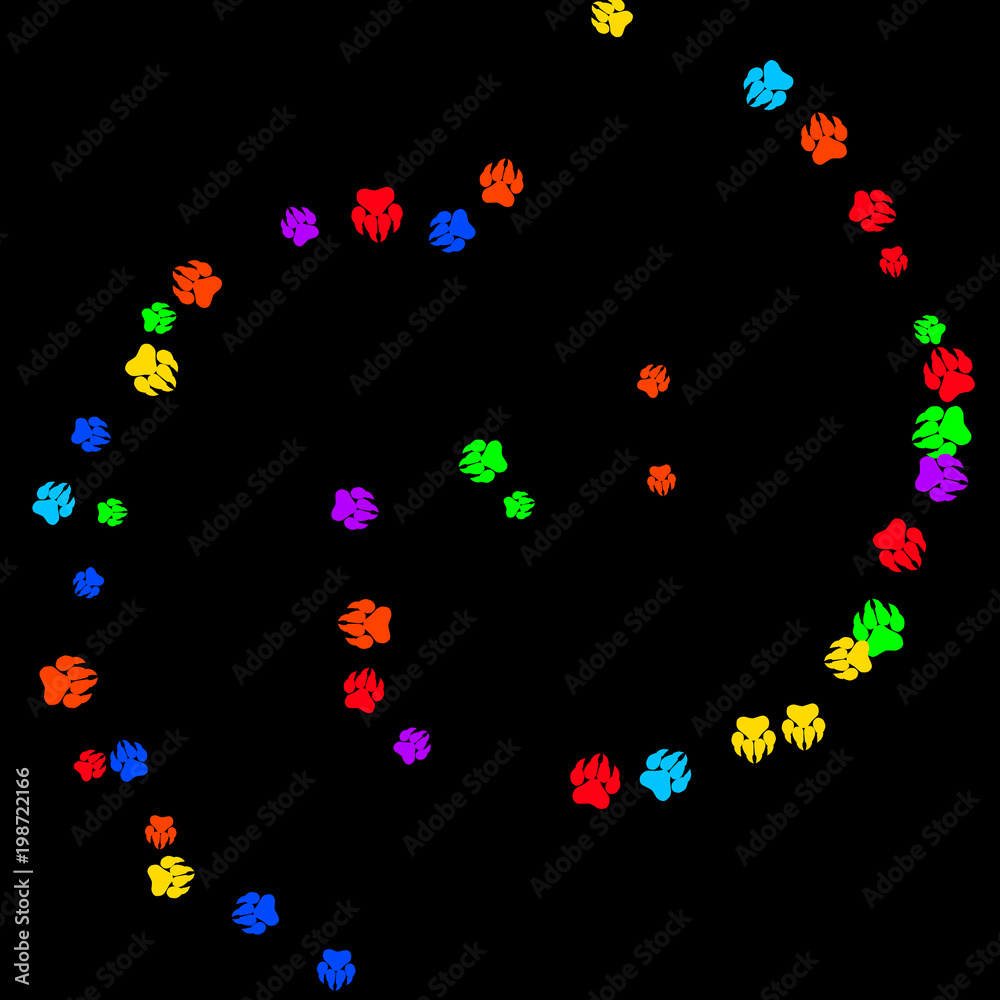 Colorful Bear Footprints. Prints of Paws with Big Claws for Petshop Design or for Goods for Pets. Simple Pattern for Print, Logo or Poster. Vector Confetti Background.