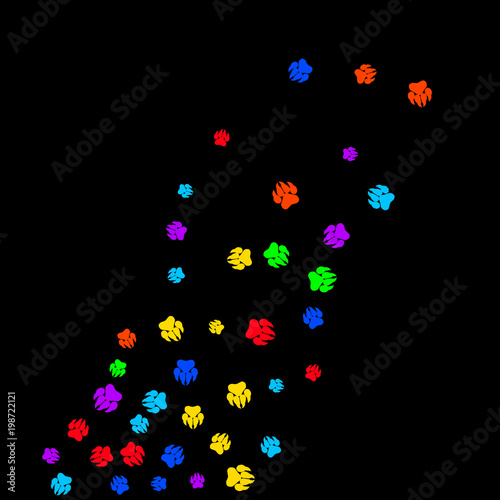 Colorful Bear Footprints. Prints of Paws with Big Claws for Petshop Design or for Goods for Pets. Simple Pattern for Print  Logo or Poster. Vector Confetti Background.