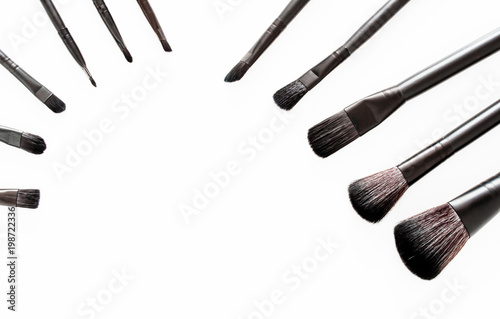 brushes for makeup on a white background, view from above