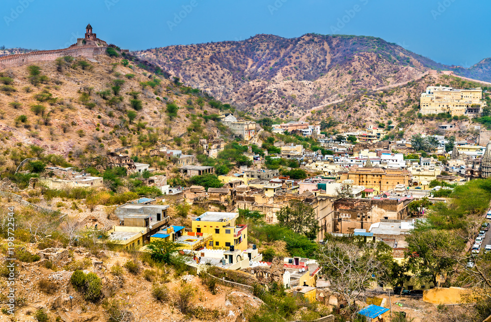 Aerial view of Amer town near Jaipur, India