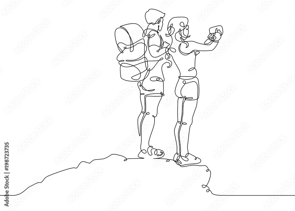 Continuous single one drawn line people tourists.Hikers with backpacks taking selfie on top of the mountain