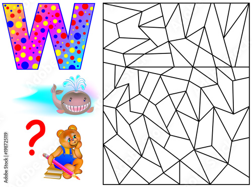Educational page with letter W for study English letters. Logic puzzle game. Find and paint 5 letters W. Vector image.