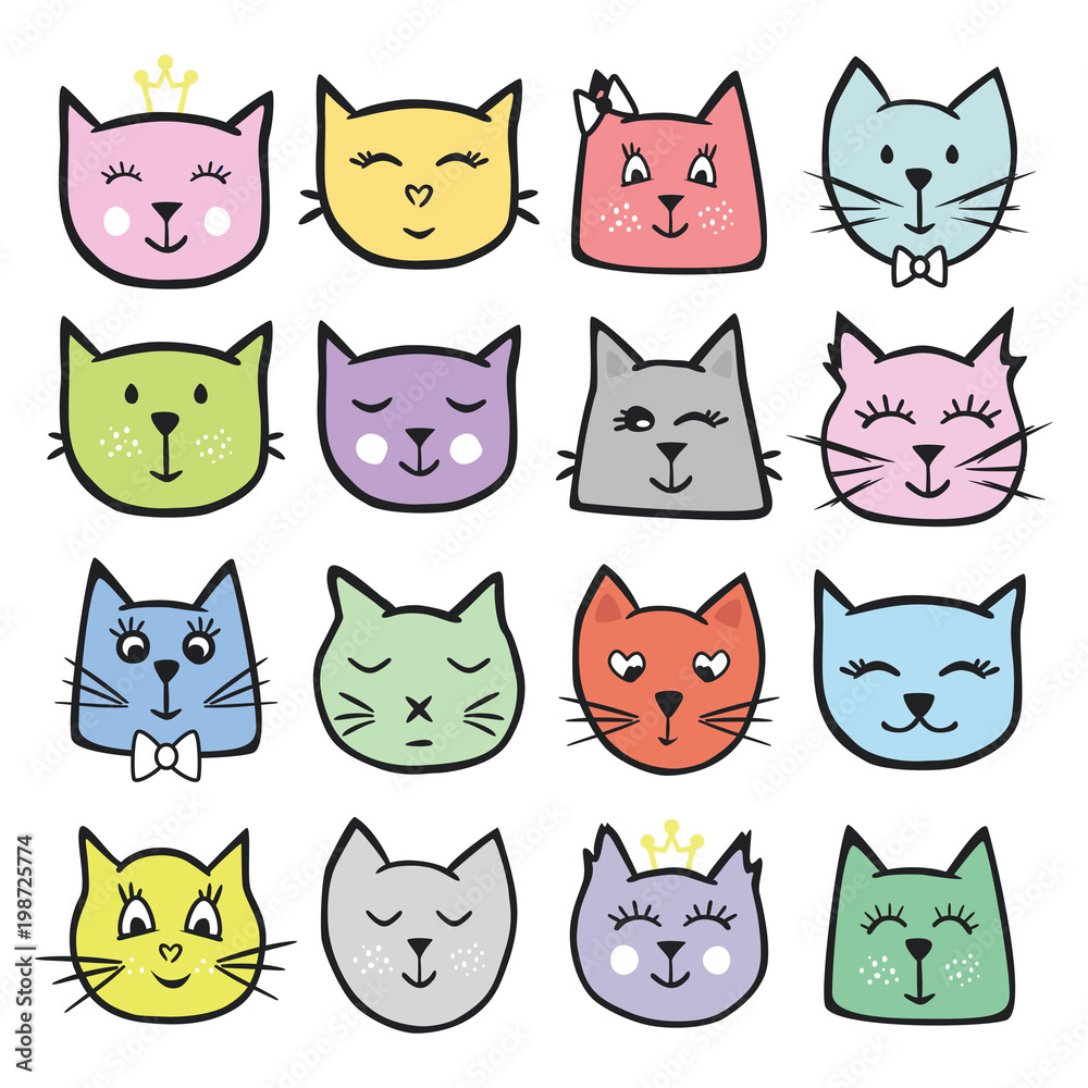 Big set of vector cute cats. A colorful collection of animals for design and printing. Funny illustrations drawn by hand.