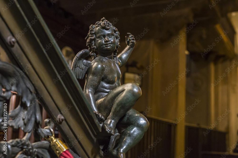 close-up of bronze little angel statue