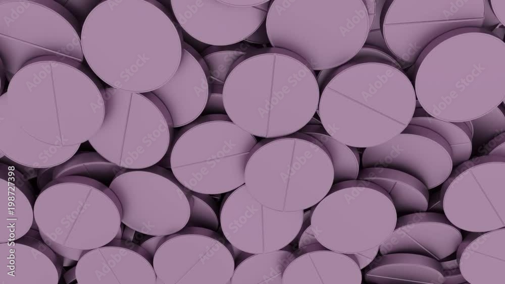 Animated a lot of round compress pink or magenta tablet pills falling and tumbling toward camera filling up container against green background. High angle view. Animated a lot of round compress pink or magenta tablet pills falling and tumbling toward camera filling up container against green background. High angle view.