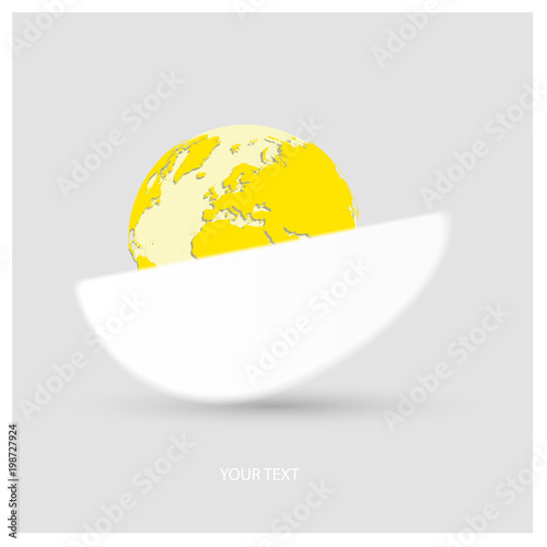 Vector logo a half white protein egg with yellow planet Earth in form of egg yolk on light gray background with copy-space for your text