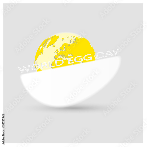 Vector logo a half white protein egg with yellow planet Earth in form of egg yolk on light gray background with text World Egg Day