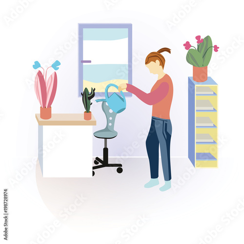Girl watering flowers in the apartment (ID: 198728974)
