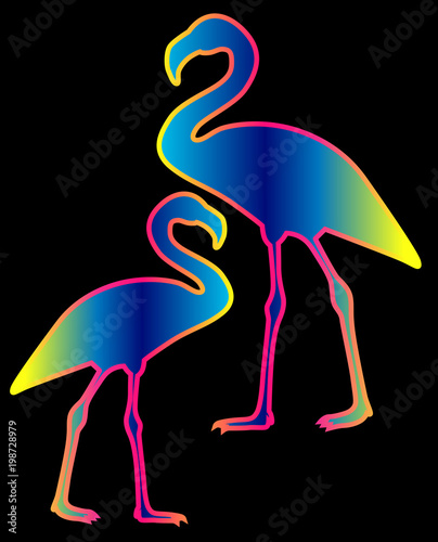 Two flamingo gradients is an idea for a stylish sticker. Exotic birds flamingo - neon vector