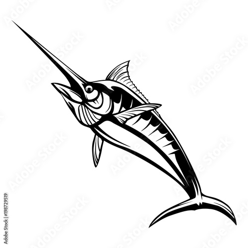 Marlin fish logo.Sword fishing emblem for sport club. Angry fish background theme illustration.