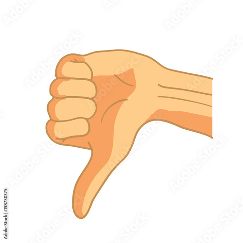 Cartoon hand in thumbs down gesture on white