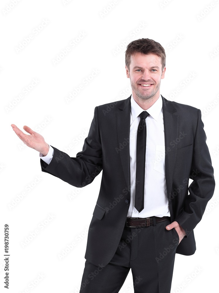 smiling businessman pointing copy space. smiling businessman pointing copy space.