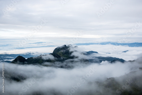 high mountain landscape background blue sky cloudy , fog around hill . nature national park at chiang dao Thailand . beautiful scene peak wildlife in winter .