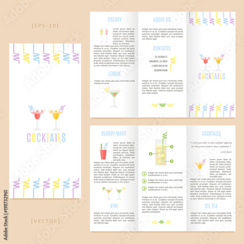 Tri-fold cocktails brochure template. Good for advertising and information printed products.