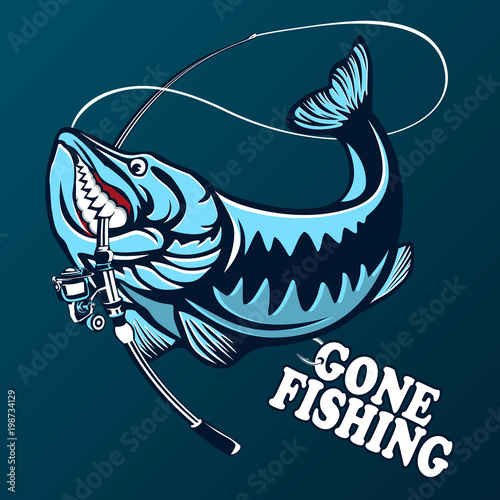 Vector illustration of jumping pike isolated. Vintage fishing emblem.