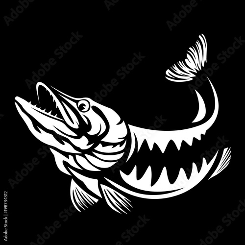 Vector illustration of jumping pike isolated. Vintage fishing emblem.