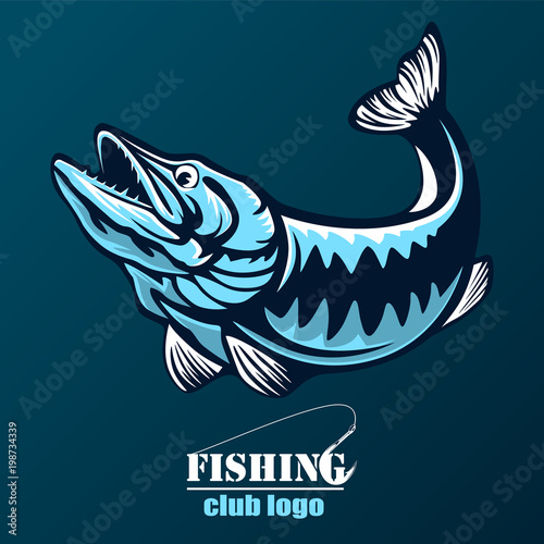 Vector illustration of jumping pike isolated. Vintage fishing emblem.